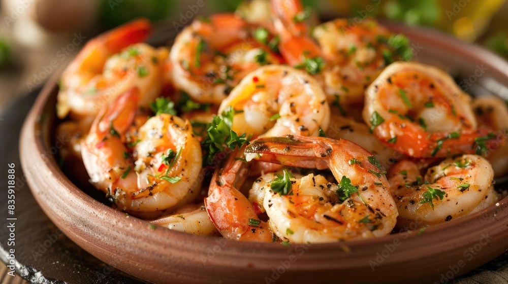 Shrimp dish cooked with chives parsley and pepper Shrimp dish cooked with chives parsley and pepper