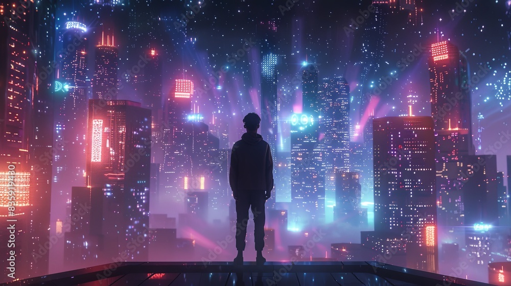 Man standing on roof and look to abstract modern sci-fi colorful city with night sky and stars. 3D illustration Man standing on roof and look to abstract modern sci-fi colorful city with night sky and stars. 3D illustration