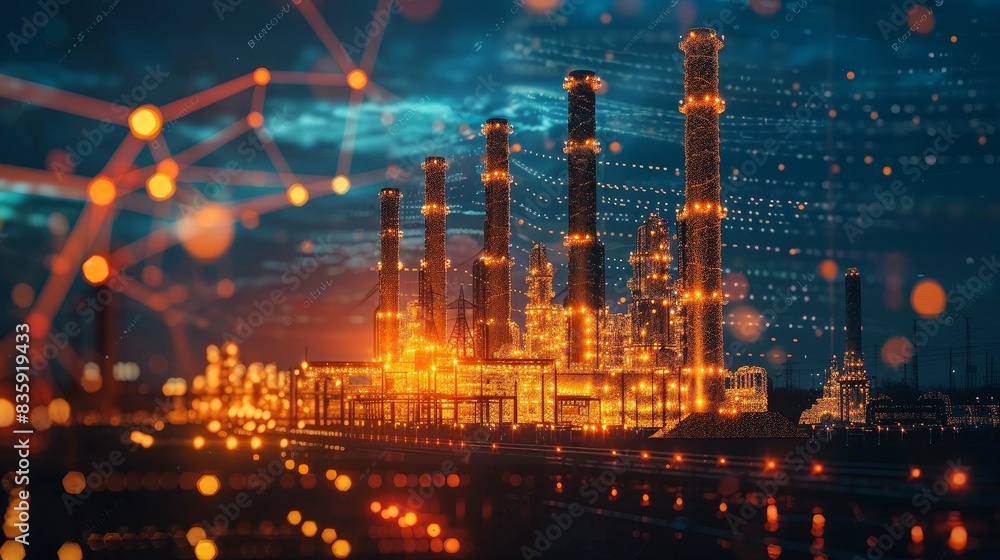The photo shows an oil refinery at night The photo shows an oil refinery at night