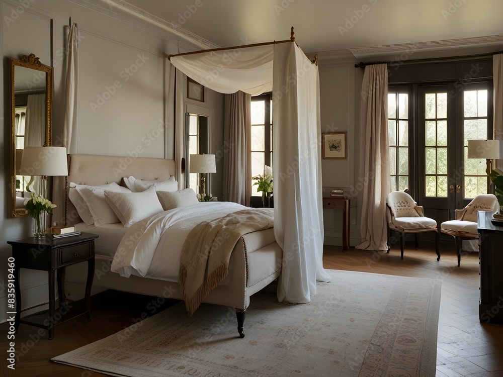 Bedroom with a four-poster bed, soft bedding, and a walk-in closet, luxurious and serene, generative AI Bedroom with a four-poster bed, soft bedding, and a walk-in closet, luxurious and serene, generative AI