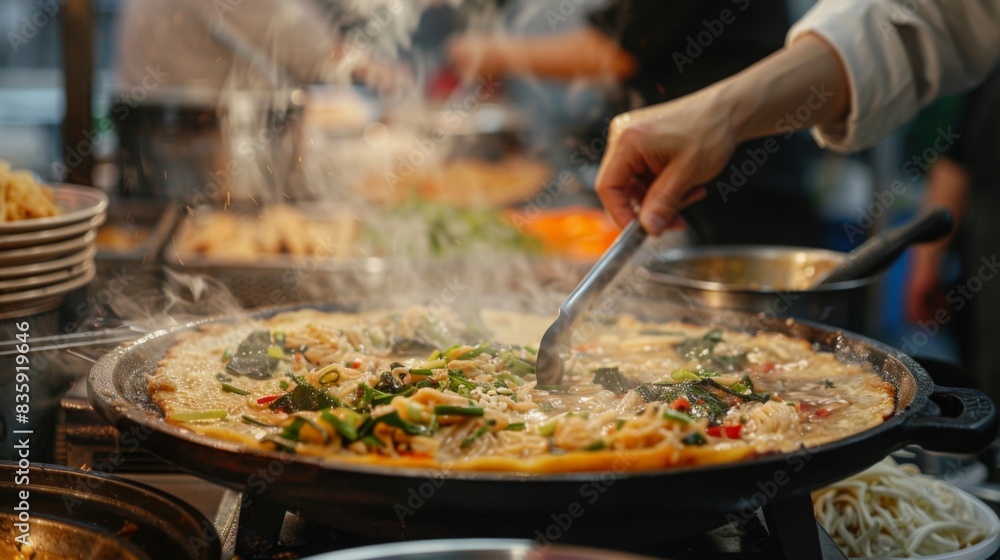 haemul pajeon being cooked at a street food stall, showcasing the savory pancake in a setting of a lively street market, emphasizing the crispy texture and fresh ingredients. haemul pajeon being cooked at a street food stall, showcasing the savory pancake in a setting of a lively street market, emphasizing the crispy texture and fresh ingredients.