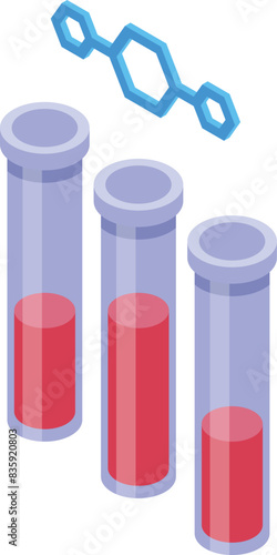 Vector illustration of three isometric test tubes with blood samples and a stylized dna strand above