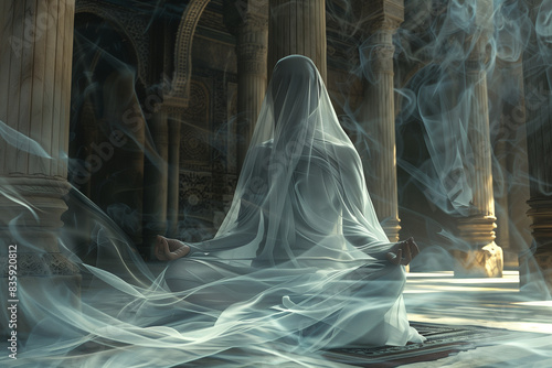 Woman draped in white veil meditating.