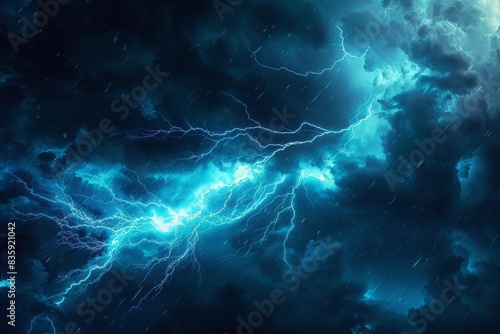 A blue lightning bolt streaks through the night storm, its crackling impact and magical energy flash creating an electrifying spectacle amidst the darkness