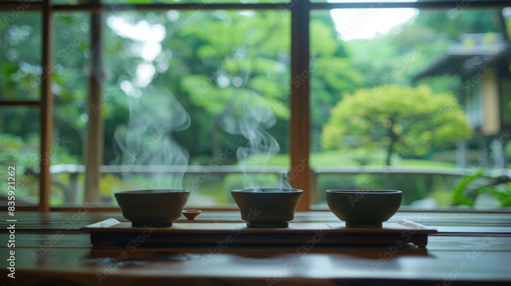 A tranquil tea house serving steaming bowls of miso soup, with a serene garden view, emphasizing calm and relaxation. --ar 16:9 --style raw Job ID: 0a652f86-9d66-499d-9175-2bce419c636d A tranquil tea house serving steaming bowls of miso soup, with a serene garden view, emphasizing calm and relaxation. --ar 16:9 --style raw Job ID: 0a652f86-9d66-499d-9175-2bce419c636d