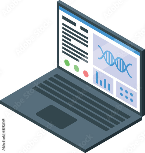 Detailed isometric illustration of a laptop displaying genetic data and analysis charts