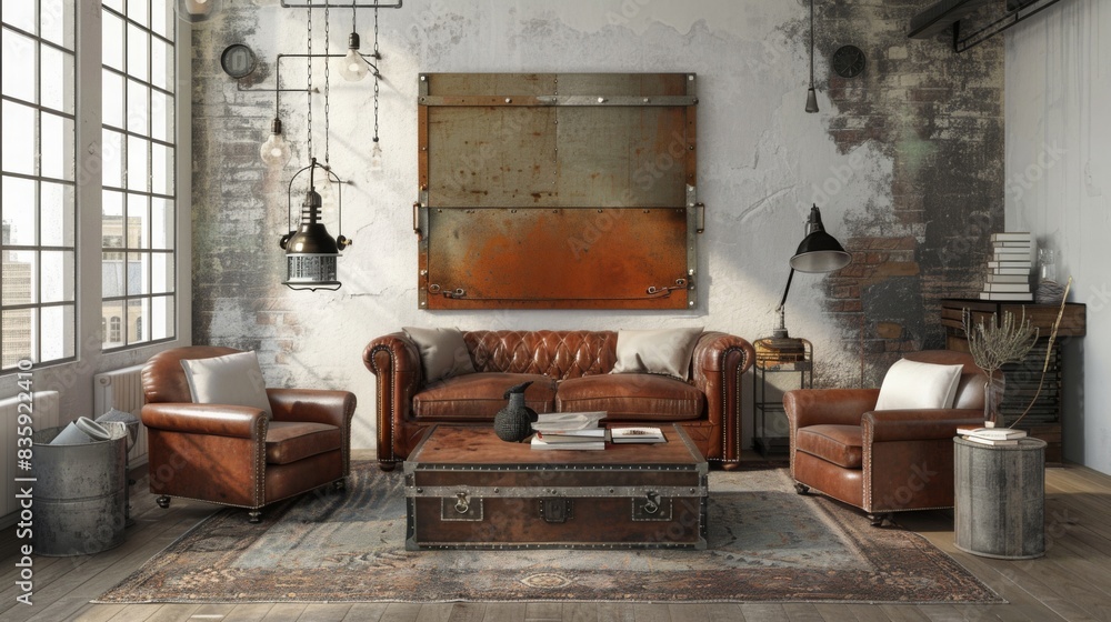 An industrial living room with bold wall art, rustic rugs, and metal accessories for a cohesive look --ar 16:9 --style raw Job ID: 4a811ee9-8d85-4fe3-aaa5-652d62cf1e68 An industrial living room with bold wall art, rustic rugs, and metal accessories for a cohesive look --ar 16:9 --style raw Job ID: 4a811ee9-8d85-4fe3-aaa5-652d62cf1e68