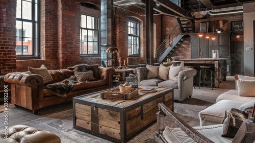An industrial living room with exposed brick walls, metal fixtures, and rustic wooden furniture, emphasizing urban chic --ar 16:9 --style raw Job ID: e4b3a590-6f48-4995-b681-47a9875b2eaf