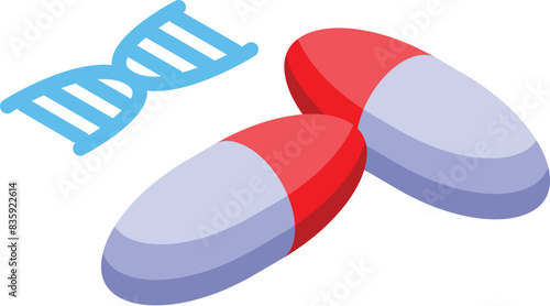 Isometric illustration of genetic medicine concept with colorful pills and dna, showcasing advancements in personalized biotechnology and pharmaceuticals in the modern healthcare industry