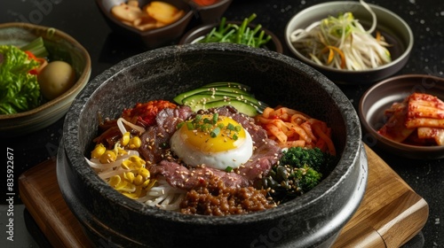 bibimbap with gourmet ingredients, showcasing truffle and premium meats in a setting of a fine dining establishment, emphasizing luxury and culinary artistry.