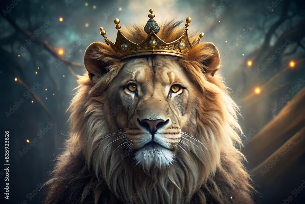 Fototapeta premium Majestic Lion Wearing Crown on Cinematic Background