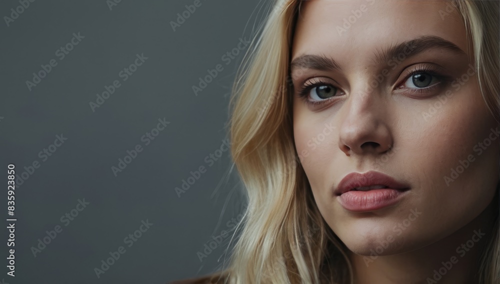 Naklejka premium Close-Up Portrait of Young Beautiful Blonde Woman on Gray Background