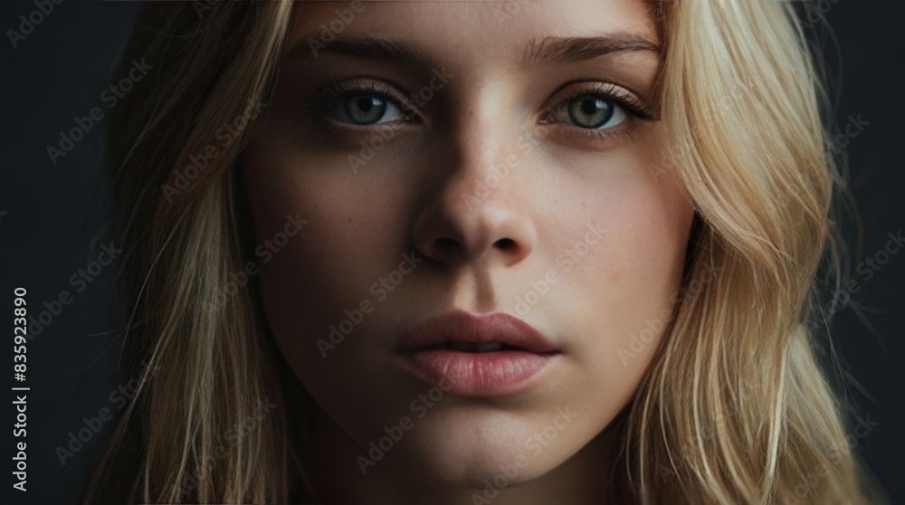 Close-Up Portrait of Young Beautiful Blonde Woman on Gray Background Close-Up Portrait of Young Beautiful Blonde Woman on Gray Background