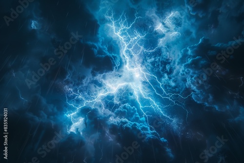 a blue-hued lightning bolt crackles through the sky, its impact and magical energy flash illuminating the darkness