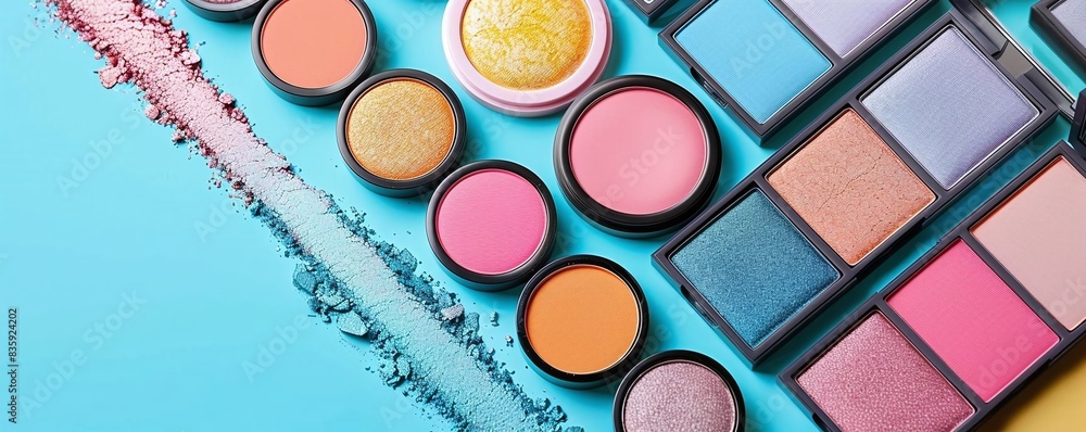 Generate a flat lay design of a bright eyeshadow palette, blush, and highlighter Generate a flat lay design of a bright eyeshadow palette, blush, and highlighter