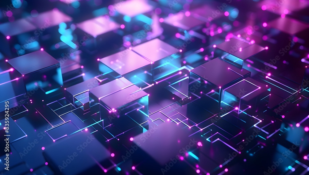 Obraz premium Abstract digital background with blue and purple glowing blocks, symbolizing technology or data flow concept 