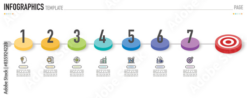 Circular isometric infographic template or element with 7 step, process, option, colorful 3D circle, tag, button, label, icons, row, bar, funnel, fishbone, tree diagram for sale slide, web, flowchart