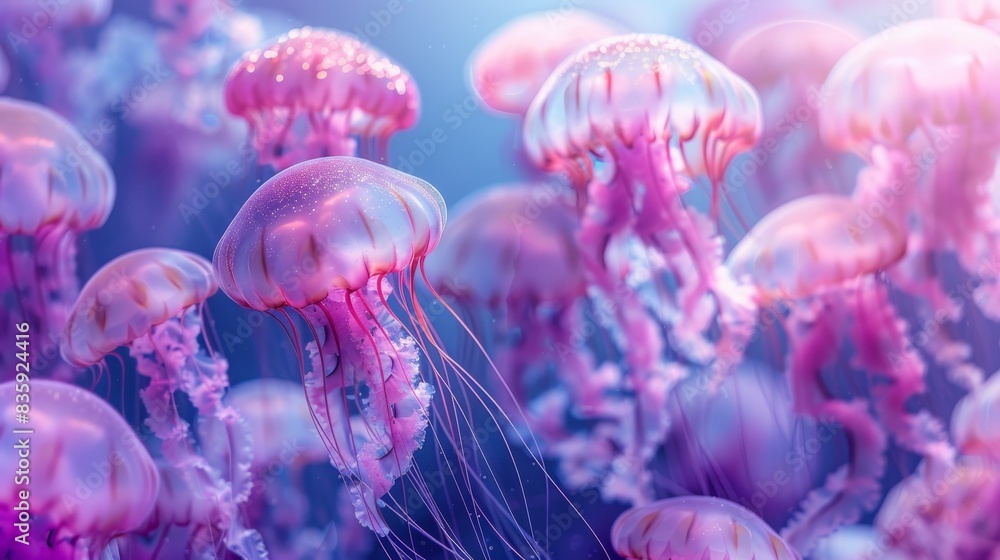 Close-up of several pink and purple jellyfish swimming in an aquarium. jellyfish background Close-up of several pink and purple jellyfish swimming in an aquarium. jellyfish background