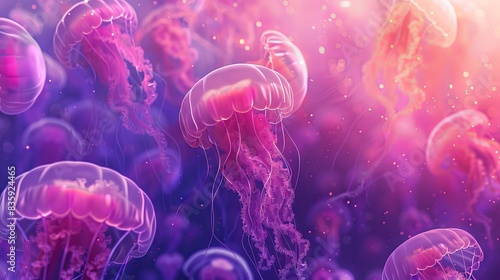 Close-up of several pink and purple jellyfish swimming in an aquarium. jellyfish background