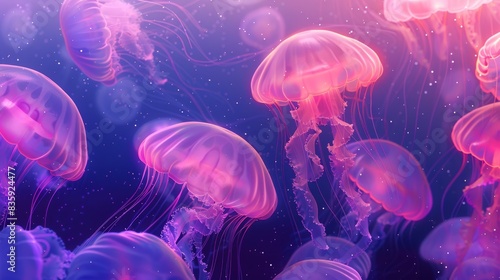 Close-up of several pink and purple jellyfish swimming in an aquarium. jellyfish background