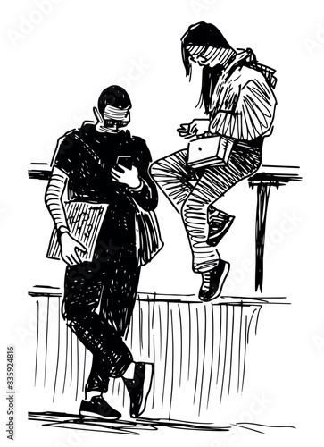 Couple young people resting, standing, sitting, looking at phone, modern, silhouette, realistic, male female, two persons, sketch, hand drawing, vector, isolated on white