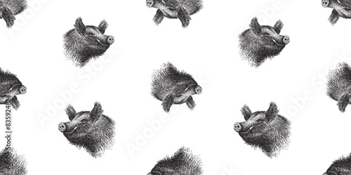 Boar head, pig, swine, piglet, wild animal, seamless pattern, background, sketch, hand drawn, vector, wallpaper, paper