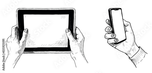 Human hands holding tablet pc, smartphone, devices, sketch, realistic, vector hand drawing isolated on white