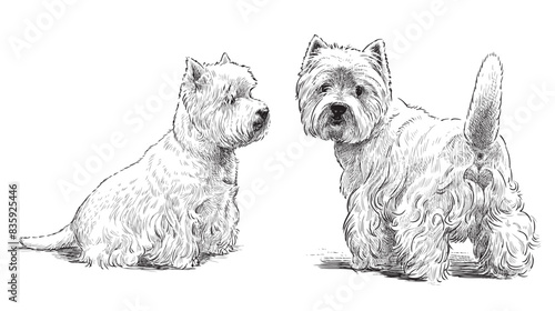Scottish terriers, pets, dogs, lap dog, white, cute, realistic, hand drawn, vector illustration, isolated on white
