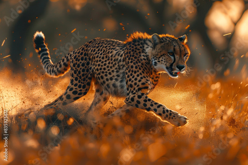 cheetah running in Kruger National Park with the Savannah trees in the background, generative ai