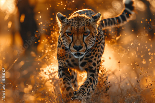 cheetah running in Kruger National Park with the Savannah trees in the background, generative ai