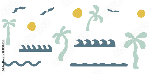 groovy elements beach. coconut tree palm, beach ocean, wave, sun, bird doodle set vector isolated.	