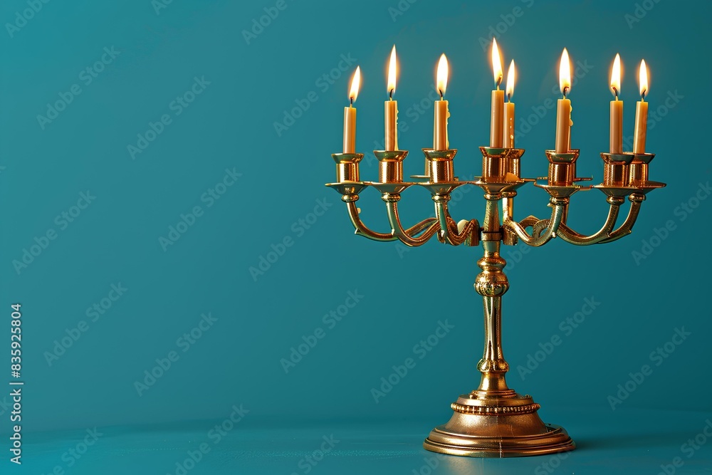 A candelab with five lit candles against a blue background A candelab with five lit candles against a blue background