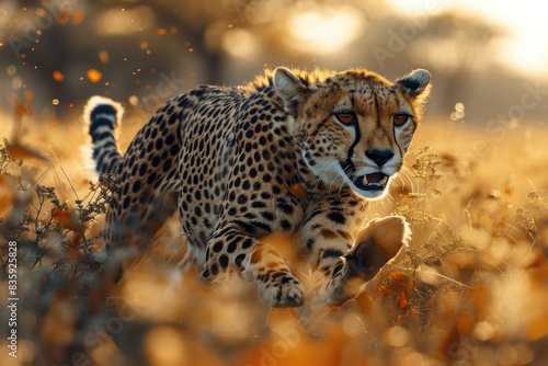 cheetah running in Kruger National Park with the Savannah trees in the background, generative ai