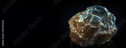 Phlogopite is a rare precious natural stone on a black background. AI generated. Header banner mockup with space.