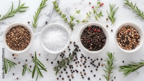 Fototapeta Naklejka Na Ścianę i Meble -  Salt peppercorns thyme and rosemary arranged in dishes on a bright surface from a top down perspective
