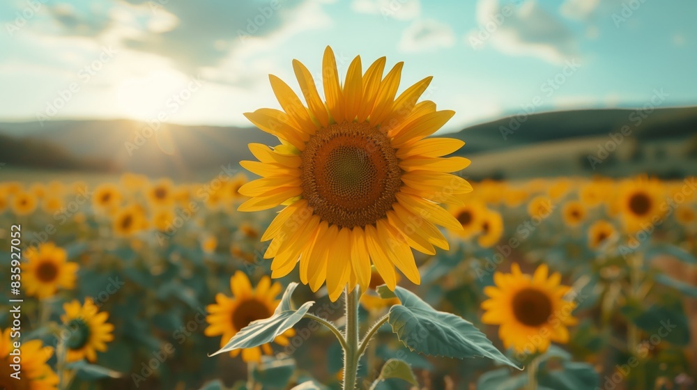Fototapeta premium One bright sunflower standing tall amongst a field of sunflowers