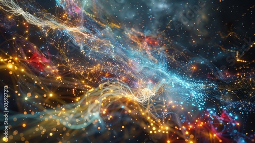 A cosmic dance of data signals weaving through space, connecting distant galaxies in a mesmerizing display of telecommunication technology's reach photo