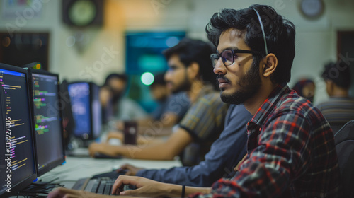 Group of men working at computer desk