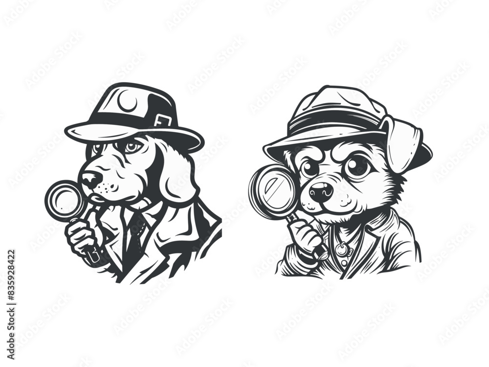 Vector file A playful black and white cartoon illustration of a dog dressed as a detective Vector file A playful black and white cartoon illustration of a dog dressed as a detective