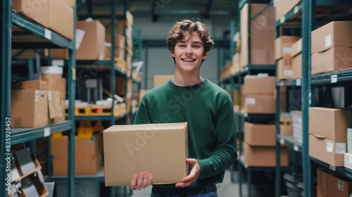 The warehouse worker holding box