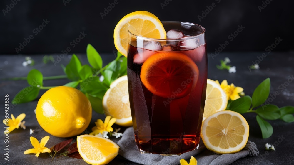 Fototapeta premium Quench your thirst with a refreshing iced tea with lemon, complete with a citrus twist, perfect for those hot summer days.
