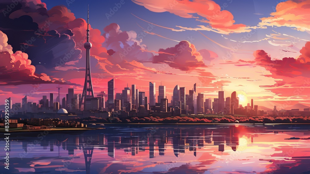 Fototapeta premium A futuristic city skyline powered by smart technology, envisioning the cities of tomorrow. Painting Illustration style, Minimal and Simple,