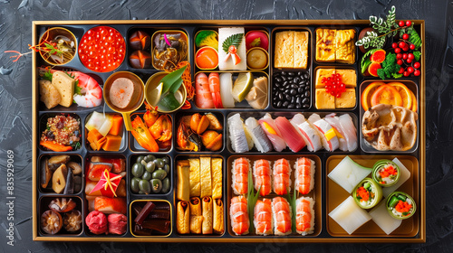 日本の正月料理：彩り豊かな豪華なお節料理