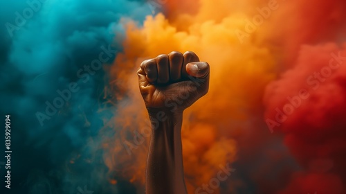 In front of a colorful background, a hand is raised in the air