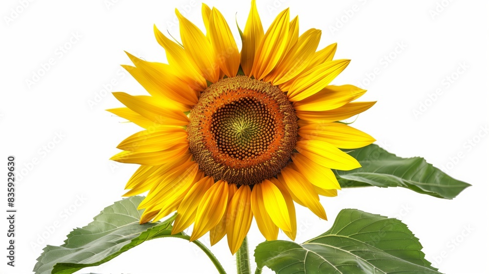 A large sunflower with green leaves set against a white background A large sunflower with green leaves set against a white background