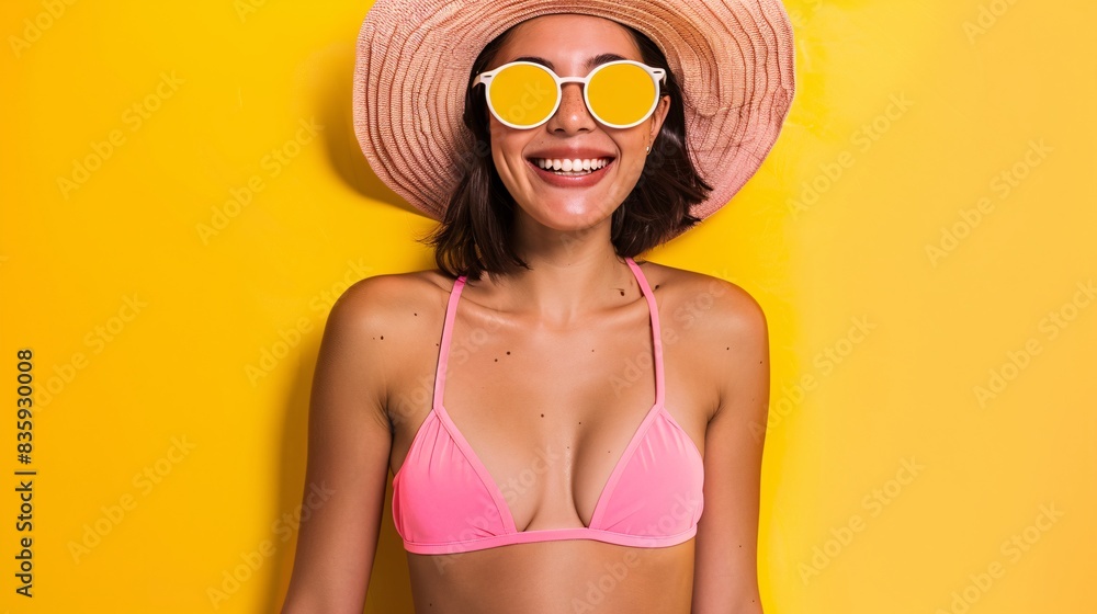 A beautiful young woman wearing a pink bikini poses against a vibrant yellow background, radiating confidence and joy A beautiful young woman wearing a pink bikini poses against a vibrant yellow background, radiating confidence and joy