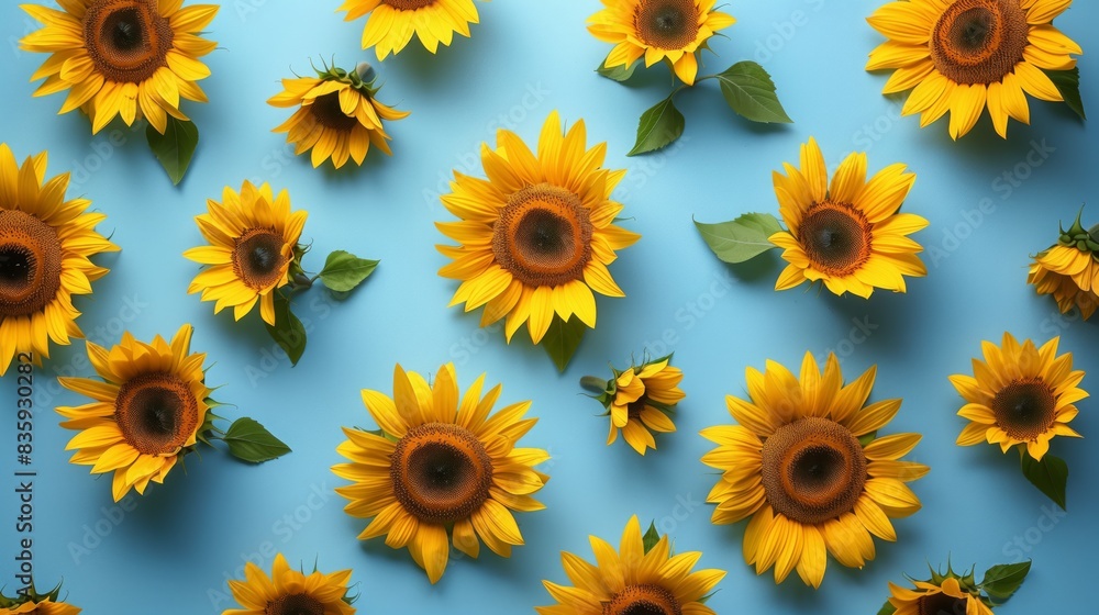 Bright sunflowers arranged neatly against a blue backdrop Bright sunflowers arranged neatly against a blue backdrop