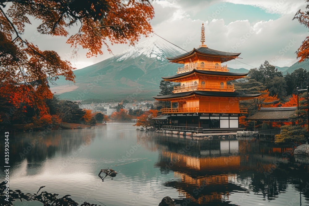 Obraz premium Fuji Mountain and Maple Leaves with Morning Mist in Autumn, Japan. ai generated