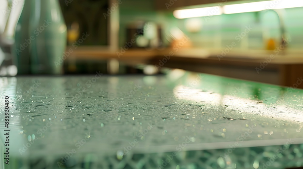 Green kitchen, close-up on recycled glass countertops, soft focus, warm ambient light Green kitchen, close-up on recycled glass countertops, soft focus, warm ambient light