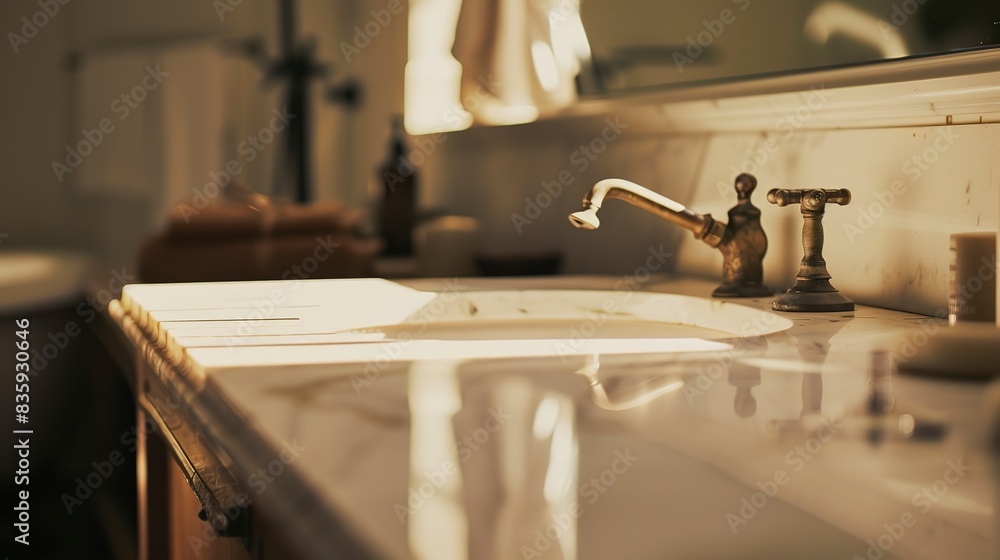 Eco-friendly bathroom, close-up on upcycled vanity with a low-flow faucet, soft focus, neutral light Eco-friendly bathroom, close-up on upcycled vanity with a low-flow faucet, soft focus, neutral light